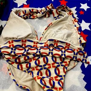 High Waist Swimsuit set red, navy white s 4-6  top w/ waistband tied back & top
